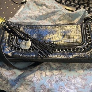 Black Croc-Embossed Shoulder Bag